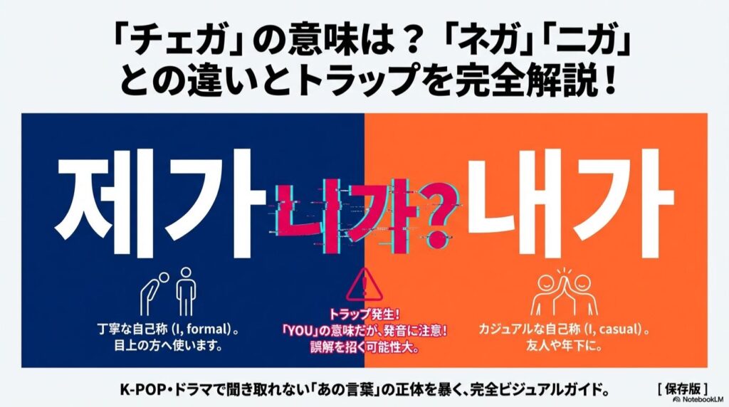 【韓国語】「チェガ」の意味は？「ネガ」「ニガ」との違いとトラップを完全解説！